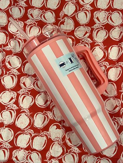 Pink & White Stripe Tumbler with Handle & Straw 40oz