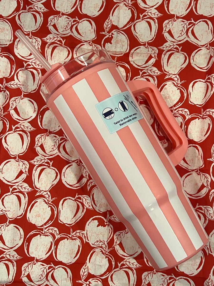 Pink & White Stripe Tumbler with Handle & Straw 40oz