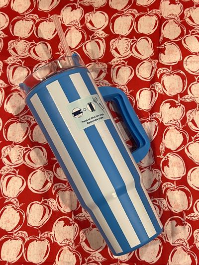 Blue & White Stripe 40oz Tumbler with Handle & Straw