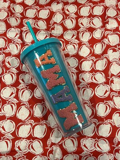 MAMA Teal tumbler with chenille letter patches