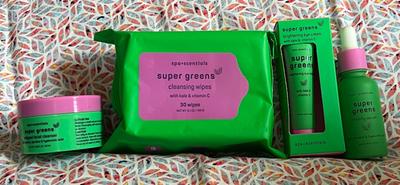 Spa Scentials Super Greens Skincare Set (4pc) – Cleanser, Wipes, Eye Cream, Serum