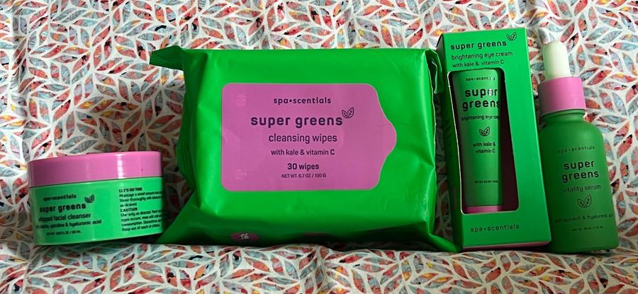 Spa Scentials Super Greens Skincare Set (4pc) – Cleanser, Wipes, Eye Cream, Serum