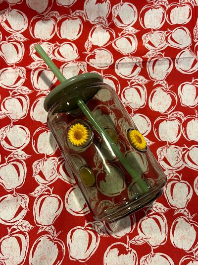Green Sunflower Glass Can Cup with Lid and Straw