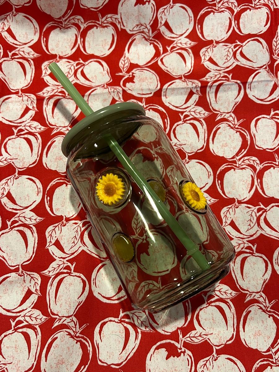 Green Sunflower Glass Can Cup with Lid and Straw