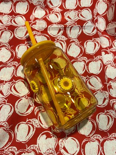 Yellow Sunflower glass jar cup with lid and straw