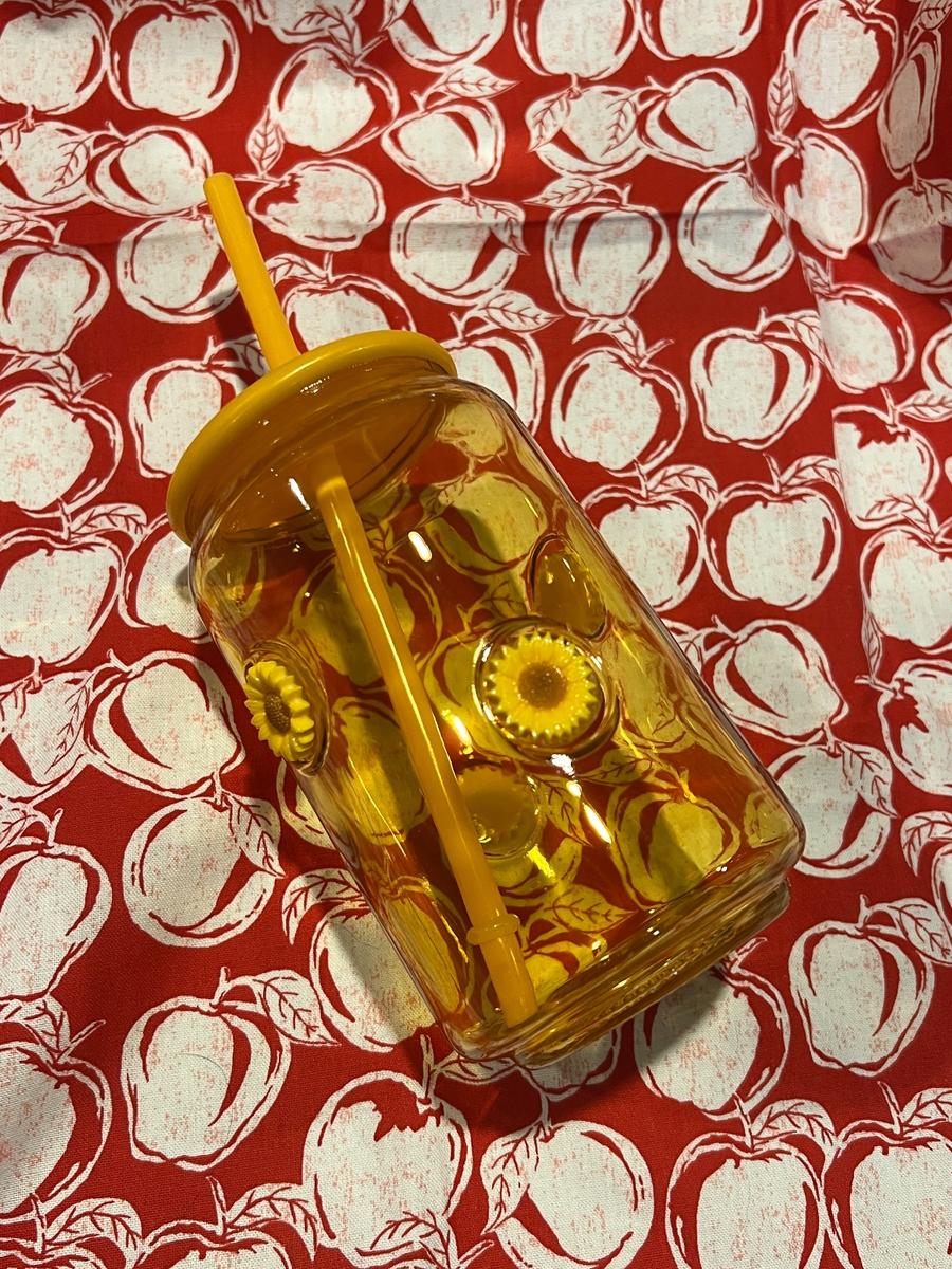 Yellow Sunflower glass jar cup with lid and straw