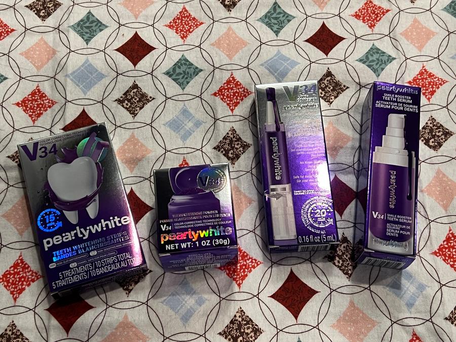 Pearly White V34 Teeth Whitening Bundle – Strips, Powder, Gel Pen & Serum-4 Piece Complete Set