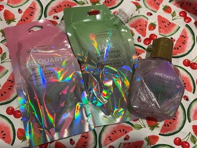 Global Beauty Care Gemstone Body Care Set – Rose Quartz Body Milk, Jade Shimmer Glaze, Amethyst Body Oil-3 piece Set