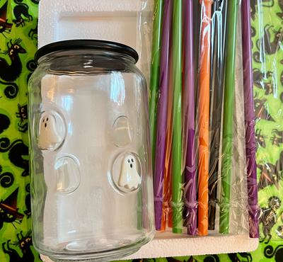Halloween/ Ghost Glass with Lid and Colorful Straw