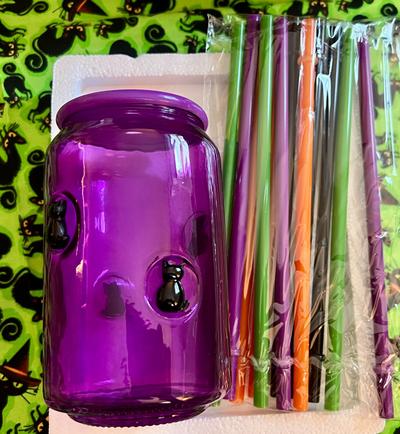 Halloween / Purple Black Cat Glass with Lid & Colored Straw