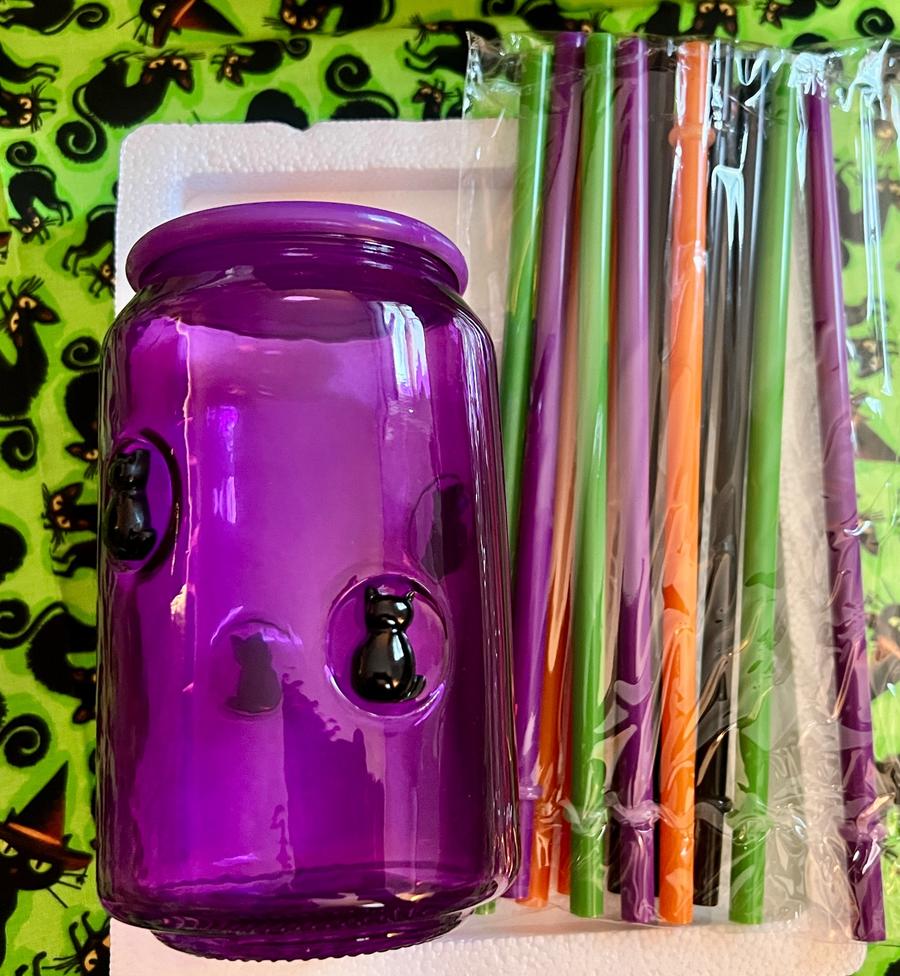 Halloween / Purple Black Cat Glass with Lid & Colored Straw