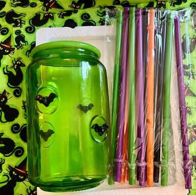 Halloween /Green Bat Glass with Lid & Colorful Straw