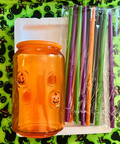 Halloween/ Jack-o-Lantern Orange Glass  with Lid &  Colored Straw