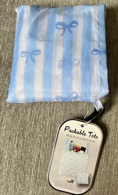 Blue Bow Stripe Packable Tote Bag
